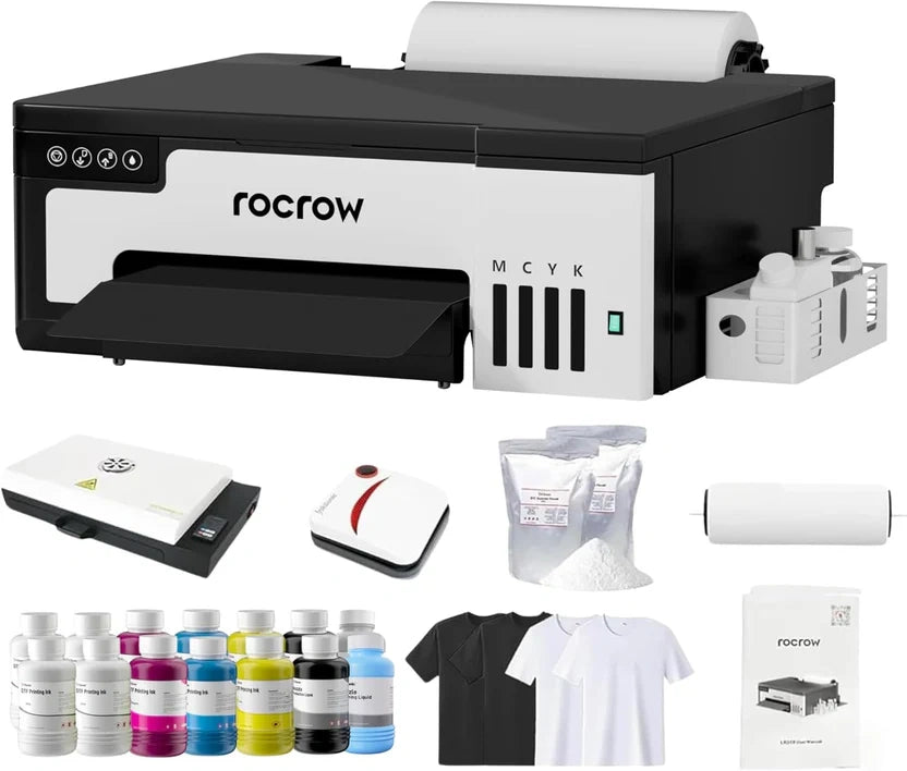 XP600 DTF printer, equipped with a powder shaker and dryer, is suitable for DIY T-shirt printing, white ink mixing, and automatic cleaning