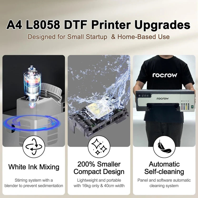 XP600 DTF printer, equipped with a powder shaker and dryer, is suitable for DIY T-shirt printing, white ink mixing, and automatic cleaning