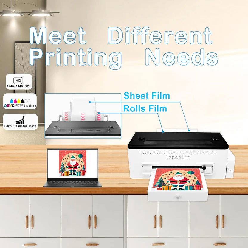 DTF printer with roll feeder, white ink circulation and easy operation, DTF printer package suitable for dark and light garments